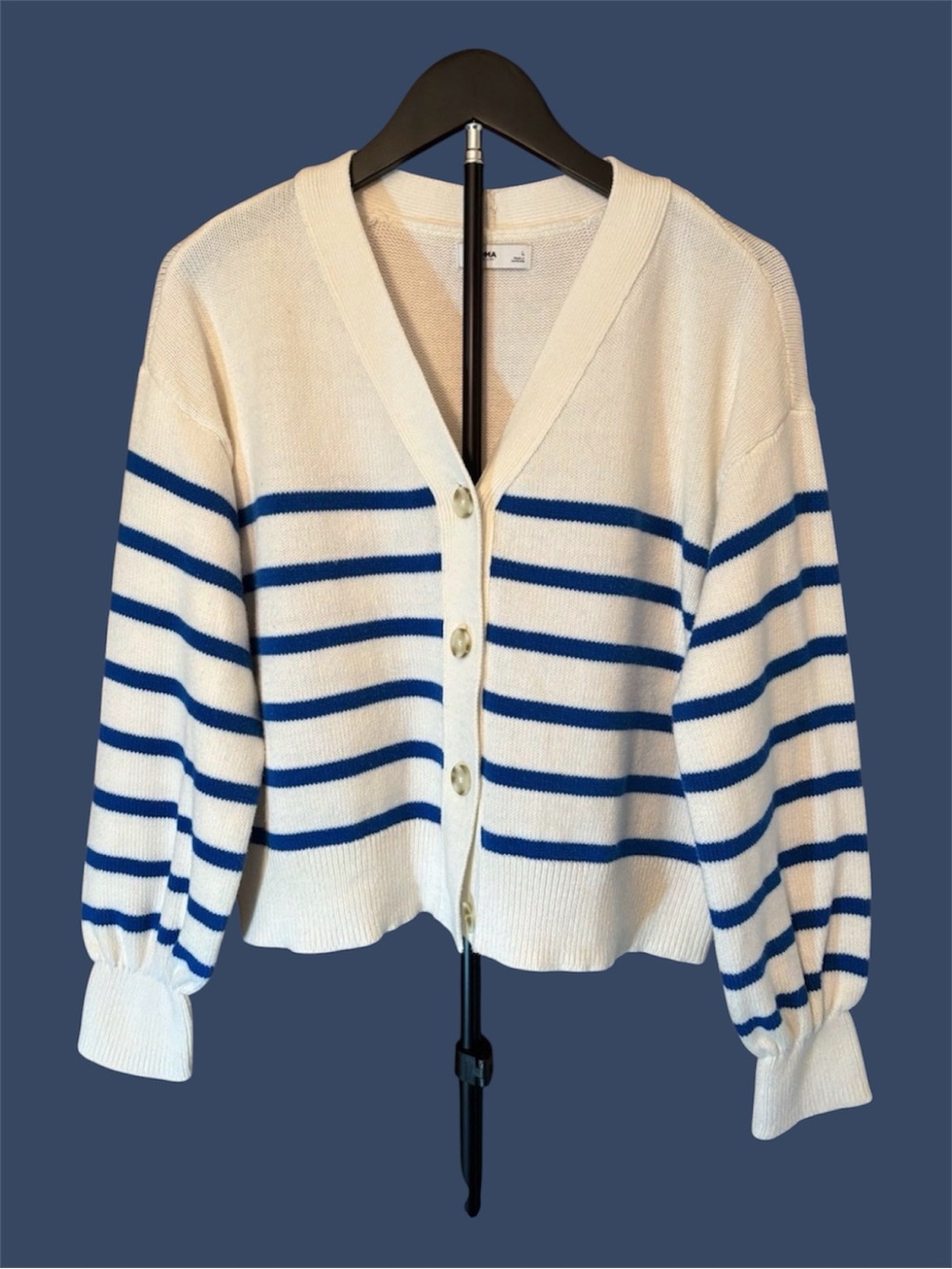 Ivory/Blue Striped V-Neck Button Cardigan L preppy collegiate nautical